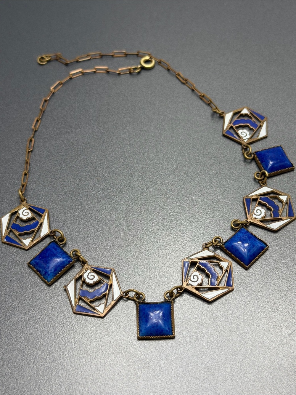 Vintage Champleve Enamel Blue Art Deco Necklace - Picture 2 of 5